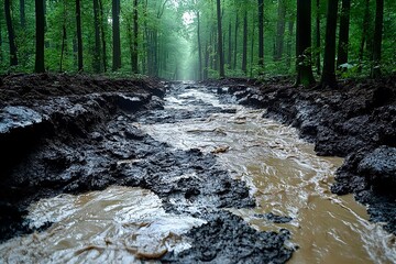 Muddy water in a stream running in a dense forest surrounded by lush greenery and trees on a cloudy autumn day. The aftermath of a landslide in a dense forest after a heavy rain. 
