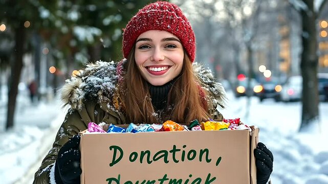 A volunteer smiles warmly while delivering a donation box labeled Donation, filled with colorful clothes and food items, against the backdrop of a snowy winter day.