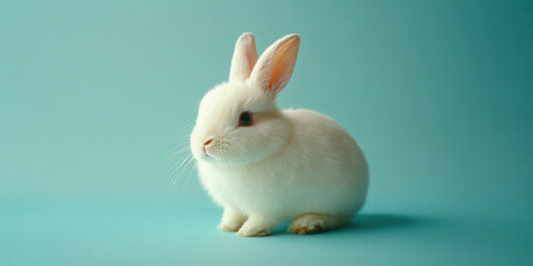 Obraz premium White bunny rabbit isolated on pale soft pastel blue background, fun easter concept