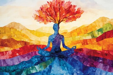 Fototapeta premium Colorful Meditation Scene with Silhouette of a Person Sitting Cross-Legged with a Tree Growing from Their Head Over Vibrant Landscape Background
