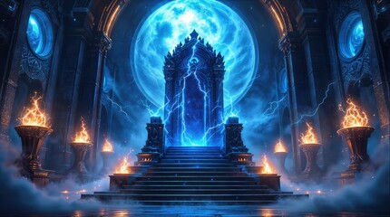 Obraz premium Enchanted Throne Room with Glowing Blue Moon, Lightning, and Fiery Torches