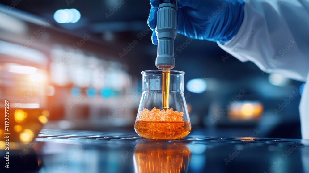 Poster scientist in lab coat holding vial with bright orange liquid in a high-tech laboratory setting showc
