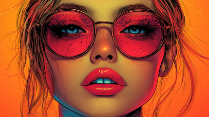 Obraz premium Eye-catching graphic portrait with a focus on the woman's expressive face, bright red sunglasses and lipstick.