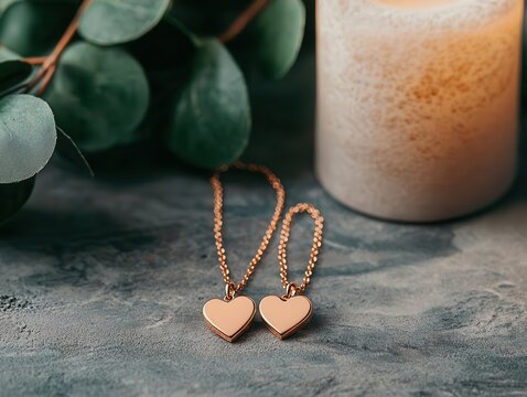 Matching couple s necklaces with halfheart pendants, displayed with a romantic candlelit setup