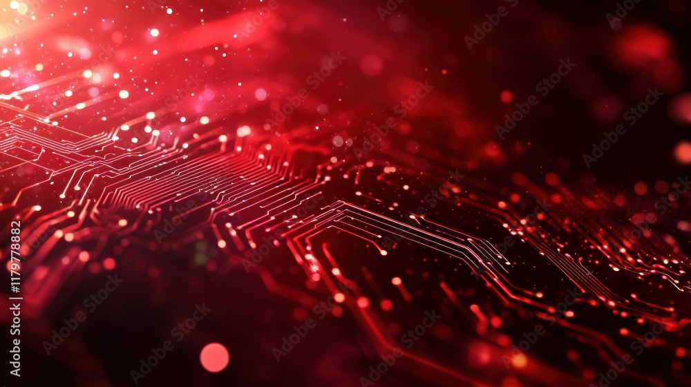 Poster intricate circuit board featuring illuminated red lights and complex pathways creating a futuristic 