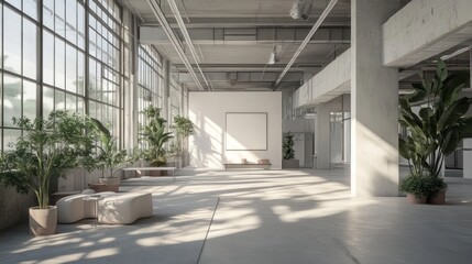 Modern loft sunlit gallery space, plants, blank canvas