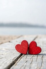 Fototapeta premium valentines day Two Red Hearts on Wooden Deck by the Water