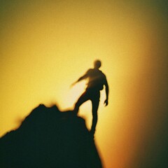 A silhouette of a man standing on top of a mountain.