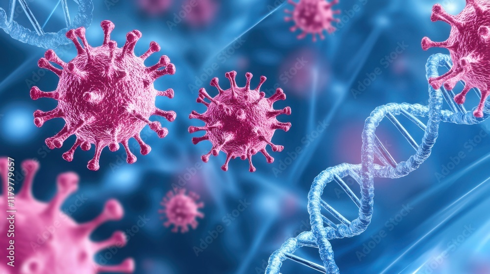 Poster a conceptual artistic representation of a virus mutating, with glowing particles and dna strands int