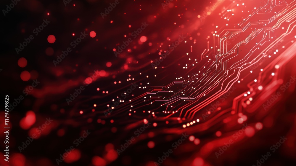 Poster intricate circuit board design with vibrant red lights illuminating the complex technology and moder