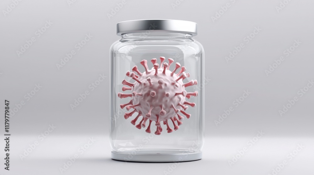 Poster a detailed 3d rendering of a large, menacing virus model sealed in a transparent glass jar with a me