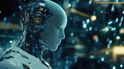 Futuristic AI Robot With Digital Circuitry in a High-Tech Environment