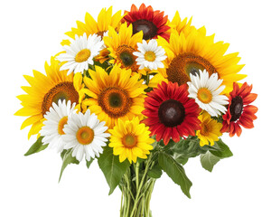 Fototapeta premium Bright bouquet of sunflowers and daisies, isolated on white background