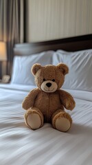 Hotel Teddy Bear on a White Bed