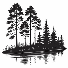 Reflection in water, pine tree forest Black silhouette