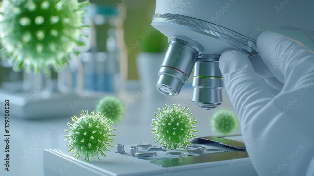 Poster scientist in a white lab coat, examining viruses under a high-tech microscope