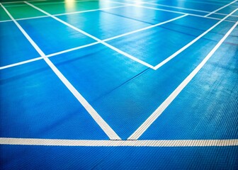 Macro Blue Badminton Court Lines: Close-up Texture of Sport Surface