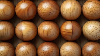 Top-down view of polished wooden balls aligned neatly in rows