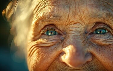 A close-up of a wrinkled elderly face, smiling warmly under soft golden light