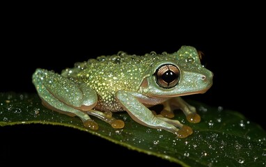 Obraz premium A close-up of a green tree frog sitting on a leaf with droplets of water glistening in the light