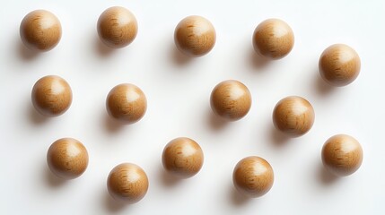 Smooth wooden balls scattered randomly on a white background