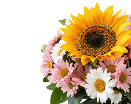 Bright bouquet with sunflowers and daisies on a white isolate background.