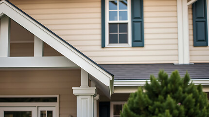 Fototapeta premium Partial view of a light beige house with white trim, dark-green shutters, and a dark gray roof. A portion of a front porch is visible with white columns. A small evergreen shrub is in the foreground