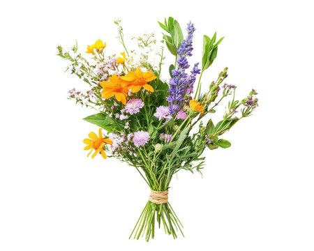 Bright bouquet of wildflowers on a white isolated background.
