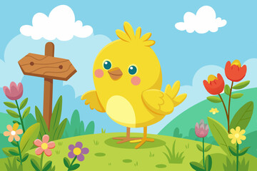 Cute Cartoon Yellow Chick in a Spring Meadow – Adorable Bird Illustration with Floral Background