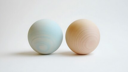 A pair of wooden balls, one natural and one pastel, placed side by side