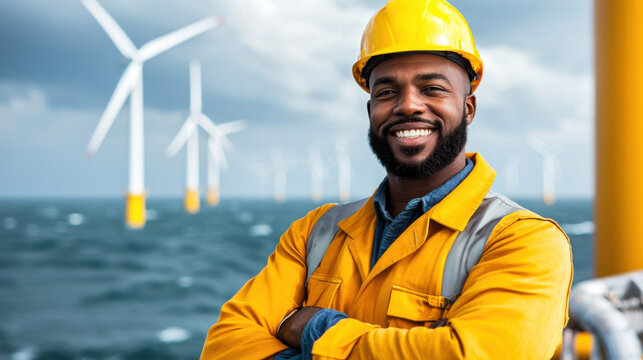 Smiling male technician in yellow safety gear at offshore wind farm, showcasing renewable energy