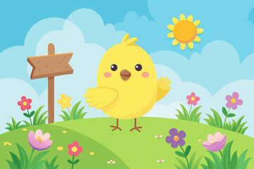 Cute Cartoon Yellow Chick in a Spring Meadow – Adorable Bird Illustration with Floral Background