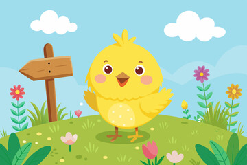 Cute Cartoon Yellow Chick in a Spring Meadow – Adorable Bird Illustration with Floral Background