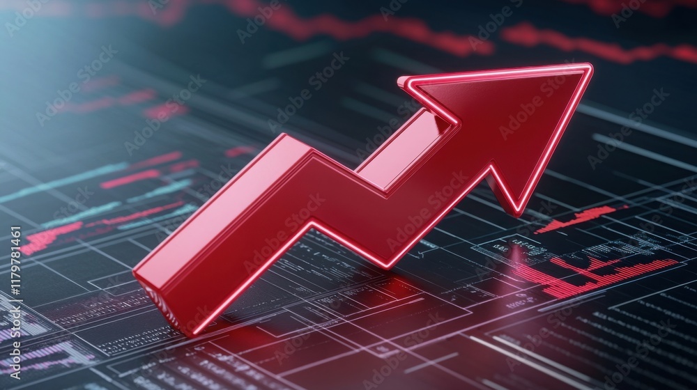 Poster a glowing red arrow sharply declining on a futuristic economic graph display