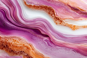 Abstract Pink and Orange Swirls with Bubbles Fluid Acrylic Pouring Art Background Texture