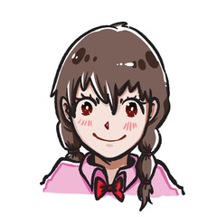 Cute smiling girl with brown hair pigtail hairstyle, red ribbon, and pink shirt portrait illustration. Anime cartoon simple flat art styled outlined drawing.