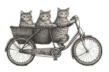 Cats on tandem bike sketch, whimsical and fun, merging playfulness with transportation. PNG...