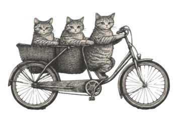 Cats on tandem bike sketch, whimsical and fun, merging playfulness with transportation. PNG transparent background.