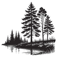 Reflection in water, pine tree forest Black silhouette