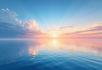 Obraz premium Sun setting over calm water with clouds and sun rays