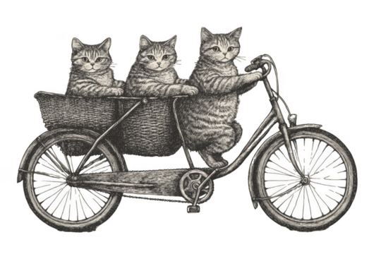 Cats on tandem bike sketch, whimsical and fun, merging playfulness with transportation. PNG transparent background.