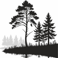 Reflection in water, pine tree forest Black silhouette