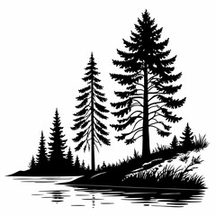 Reflection in water, pine tree forest Black silhouette