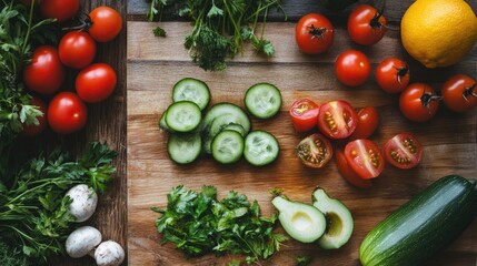 Fresh Vegetables and Herbs on a Rustic Wooden Cutting Board