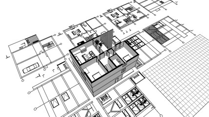 house architectural project sketch 3d illustration