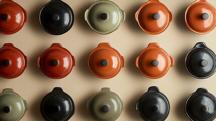 Tiny cooking pots arranged symmetrically with soft shadows