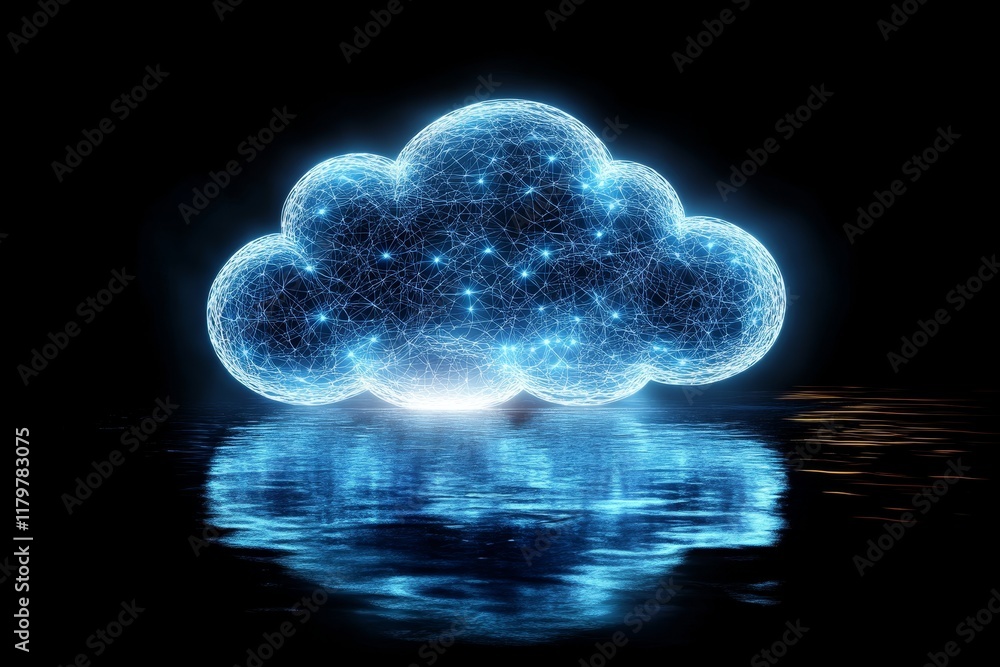Poster digital cloud representation with illuminated network connections reflected in water, symbolizing mo