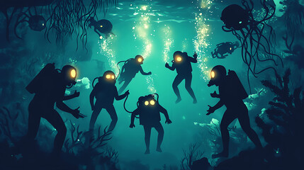 Obraz premium Underwater scene with divers exploring a mysterious ocean environment.