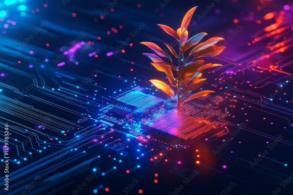 Poster digital growth: a plant emerging from a computer circuit board symbolizing the fusion of nature and 