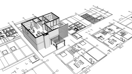 house architectural project sketch 3d illustration